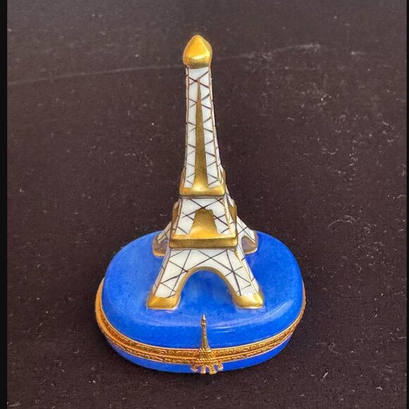 Rare Limoges France Peint Main Eiffel Tower Cobalt & Gold Eiffel Tower Clasp Box - Picture 1 of 10